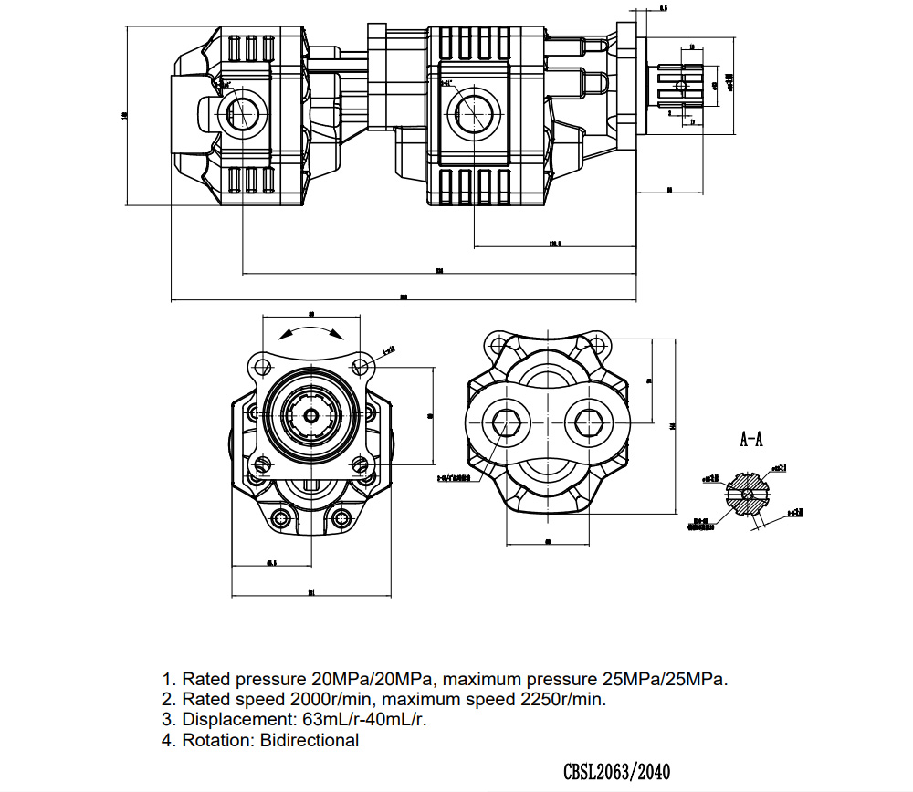 CBSL-2063-2040 63 cc/otáčku 20 MP (2900 psi) Hydraulické čerpadlo s ozubenými koly drawing image