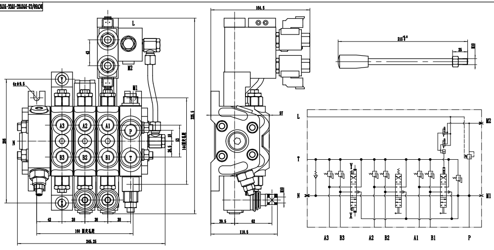 DCV60 Elektrohydraulický Šoupátko 3 Sekční směrový ventil drawing image