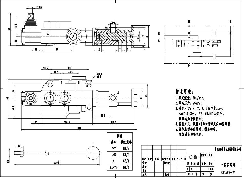 P80F-G34 Hydraulický Šoupátko 1 Monoblokový směrový ventil drawing image