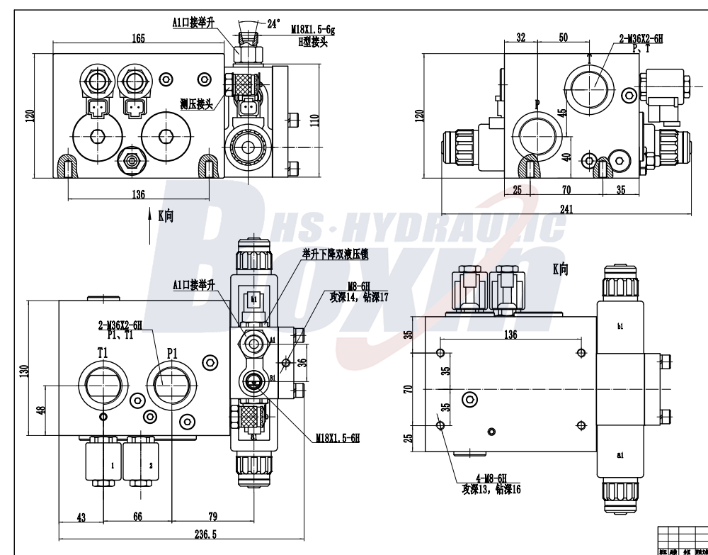 QSF32 Proporcionální s citlivostí na zatížení 2 cívky Ventil pro zametací vozy drawing image