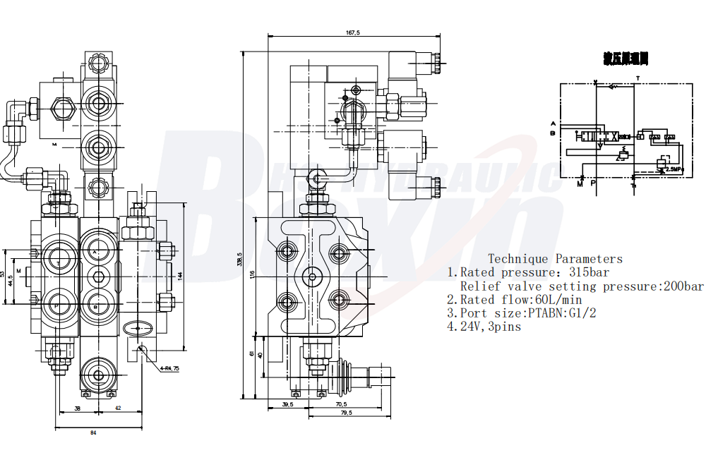 DCV60 Elektrohydraulický 1 cívka Sekční směrový ventil drawing image