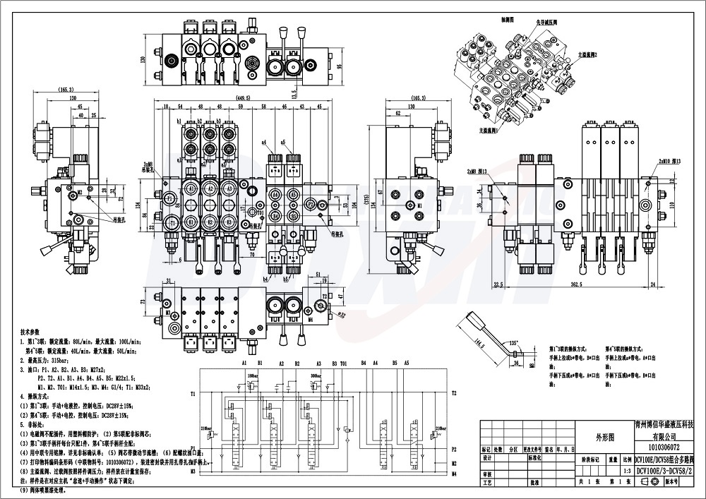 DCV100E a DCV58 Elektrohydraulický a solenoidový 6 cívek Sekční směrový ventil drawing image