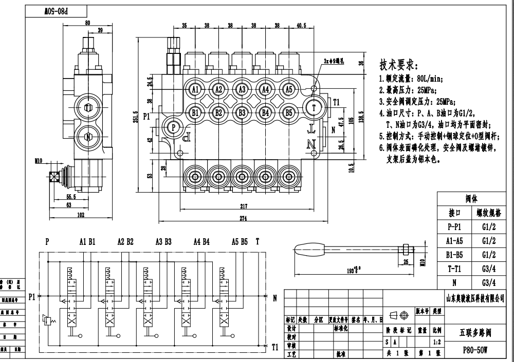 P80-G12-G38-OW 5 Spool Hydraulic Valve: Private Label, OEM & Custom Production Services drawing image