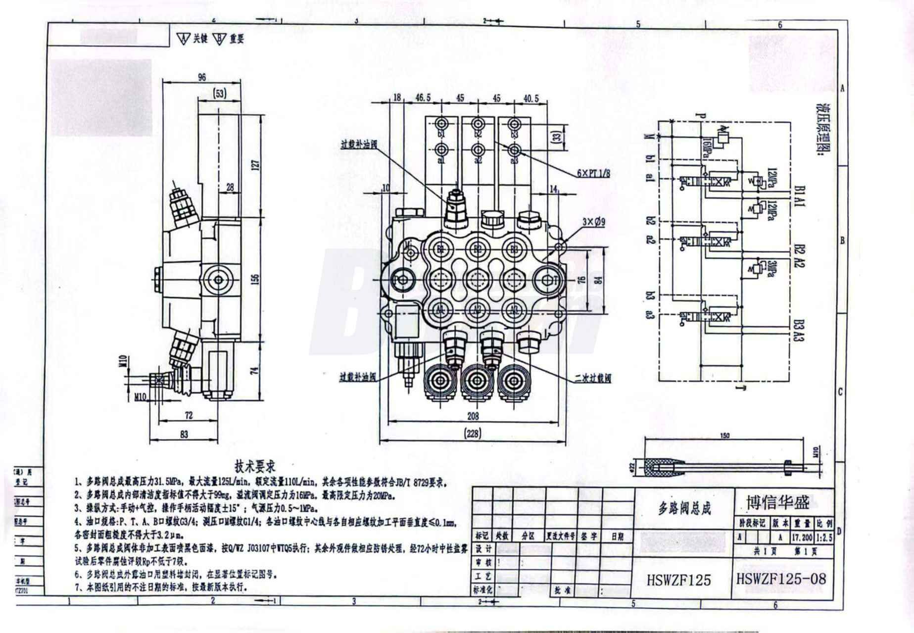 WZF-125 Pneumaticky a ručně 3 cívky Monoblokový směrový ventil drawing image