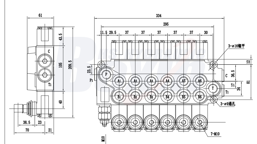 DCV40 Ruční 6 cívek Monoblokový směrový ventil drawing image