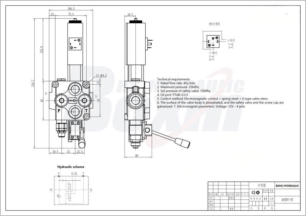 Q45 Manuální a tlačný/tažný elektromagnet 1 cívka Monoblokový směrový ventil drawing image