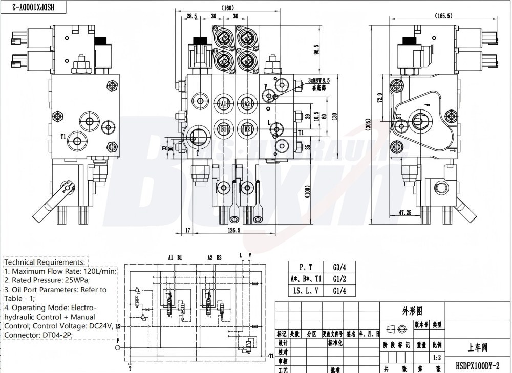 Custom OEM ODM Services for HSDPX100DY-2 Electro-hydraulic 2 Spool Sectional Directional Valve Manufacturing drawing image