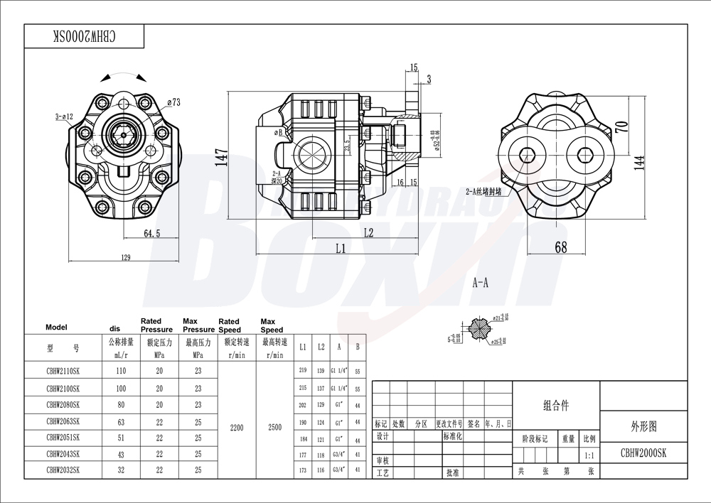 CBHW-UNI-80 80 cm³/ot. 25 MP (3625 psi) Hydraulické čerpadlo s ozubenými koly drawing image