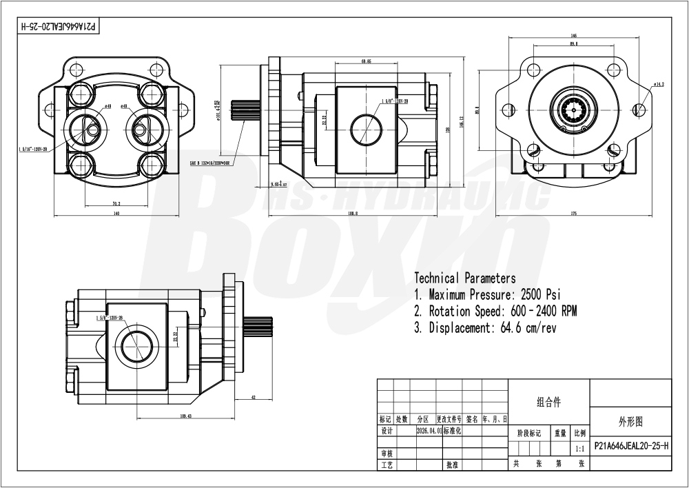 OEM ODM Custom Service for P21A646JEAL20-25-H 64.6 cc/rev Hydraulic Gear Pump Manufacturing drawing image