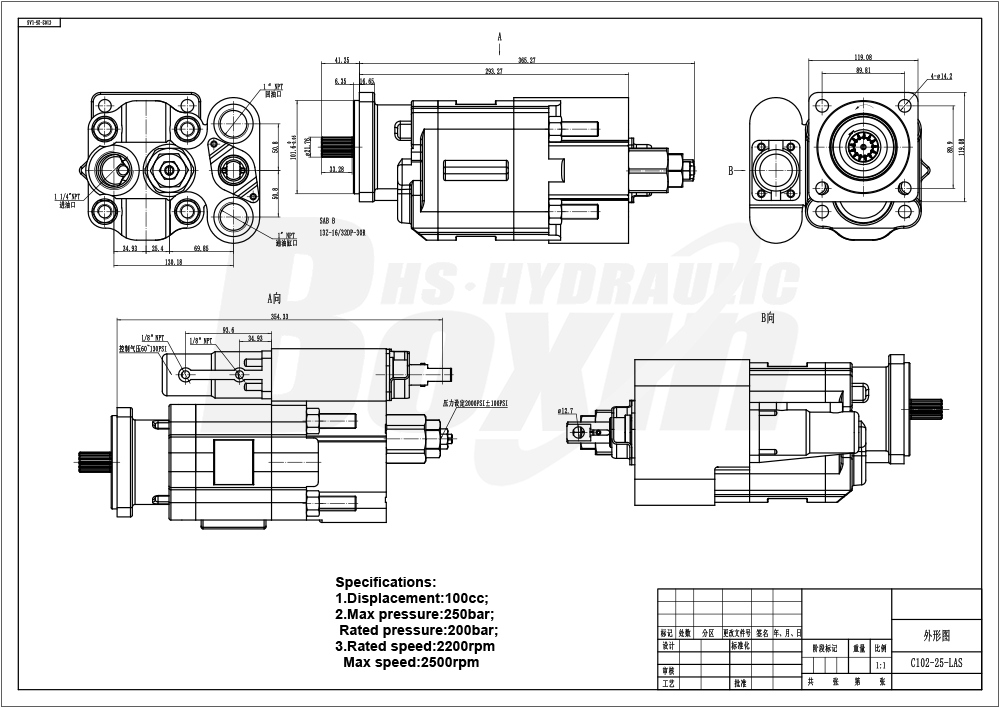 Durable C102-AS-25-H 100 cc/rev Hydraulic Gear Pump for Heavy Equipment drawing image