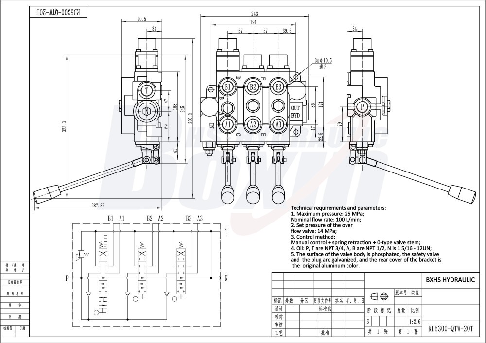 Wholesale Price RD5300NPT-QTW-2OT 3 Spool Hydraulic Valve from Manufacturer drawing image